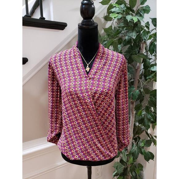 Pleione Women's Multicolor 100% Polyester V-Neck Long Sleeve Top Blouse Size S - Picture 1 of 13